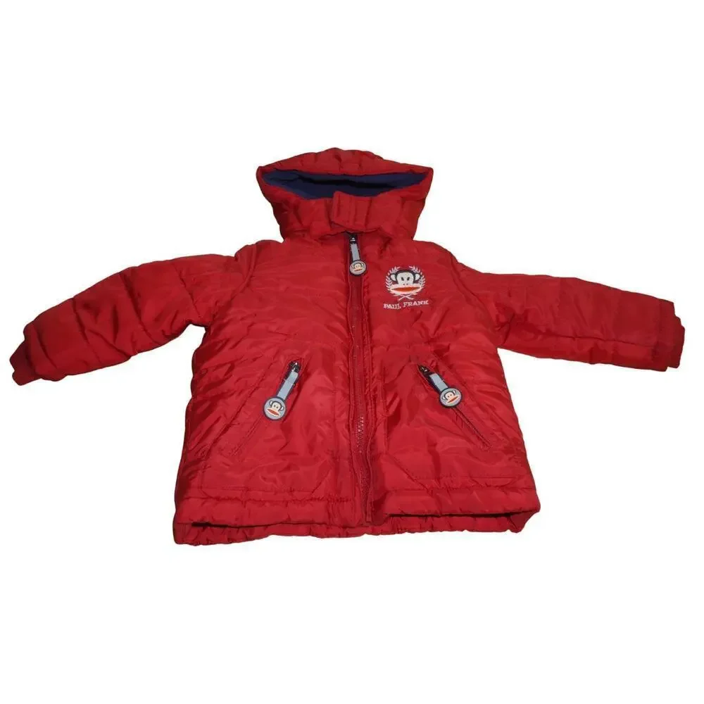 Paul Frank Baby Puffer Jacket 18M Red Hooded Winter Coat Fleece Lined Monkey Log